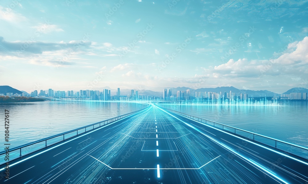 Fototapeta premium Futuristic highway with digital elements, city skyline, water reflection, blue sky, and mountains in background