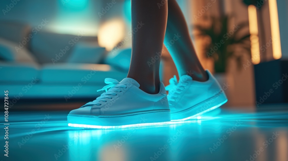 Illuminated sneakers, glowing floor, modern home interior. Illuminated sneakers, glowing floor, modern home interior.