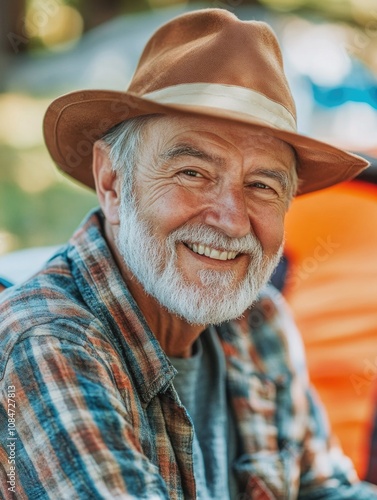 Mature Man Smiling Outdoors, Wearing Hat