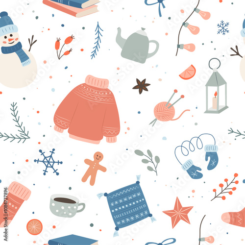 Seamless pattern with winter themed items like sweaters, mittens, candles, gingerbread, snowman, and cozy seasonal decor