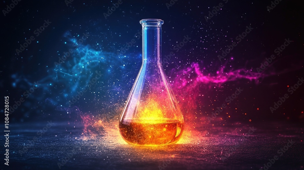 A glass flask filled with a glowing liquid, surrounded by swirling blue and pink smoke and light particles. A glass flask filled with a glowing liquid, surrounded by swirling blue and pink smoke and light particles.