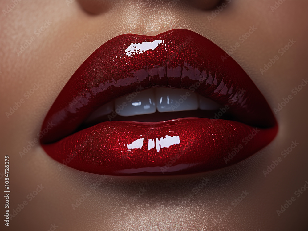 Obraz premium Close photo of red lipstick with a glossy shinny finish 