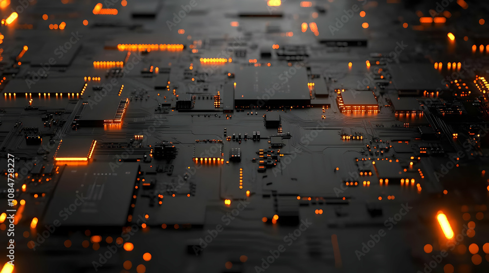 3D Abstract Circuit Board with Orange Lights 3D Abstract Circuit Board with Orange Lights