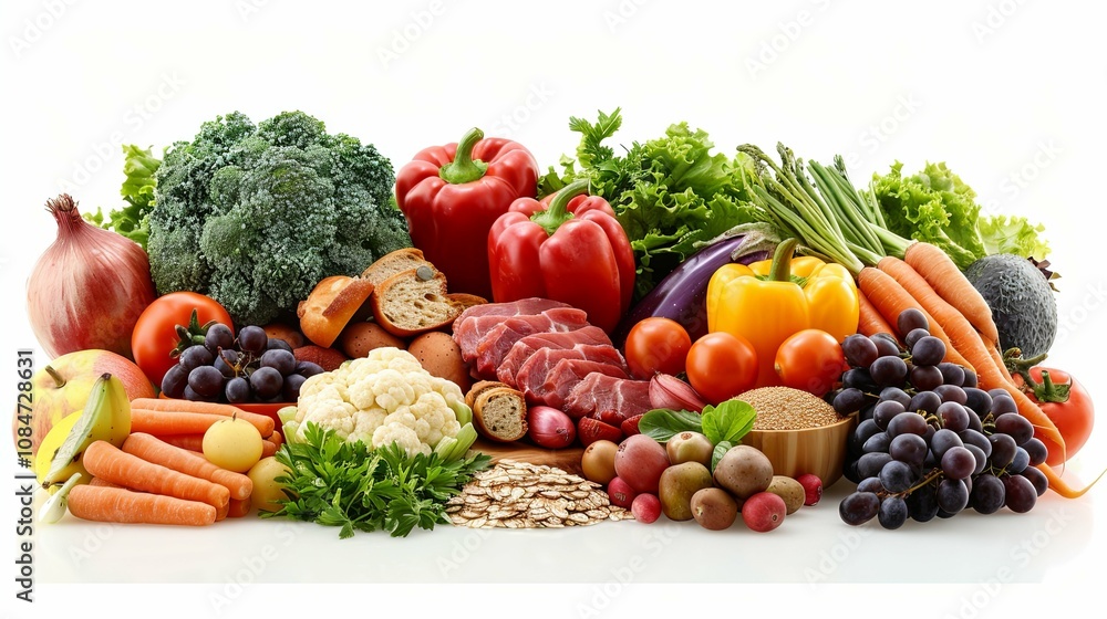 A vibrant assortment of fresh fruits, vegetables, grains, and meat. A vibrant assortment of fresh fruits, vegetables, grains, and meat.