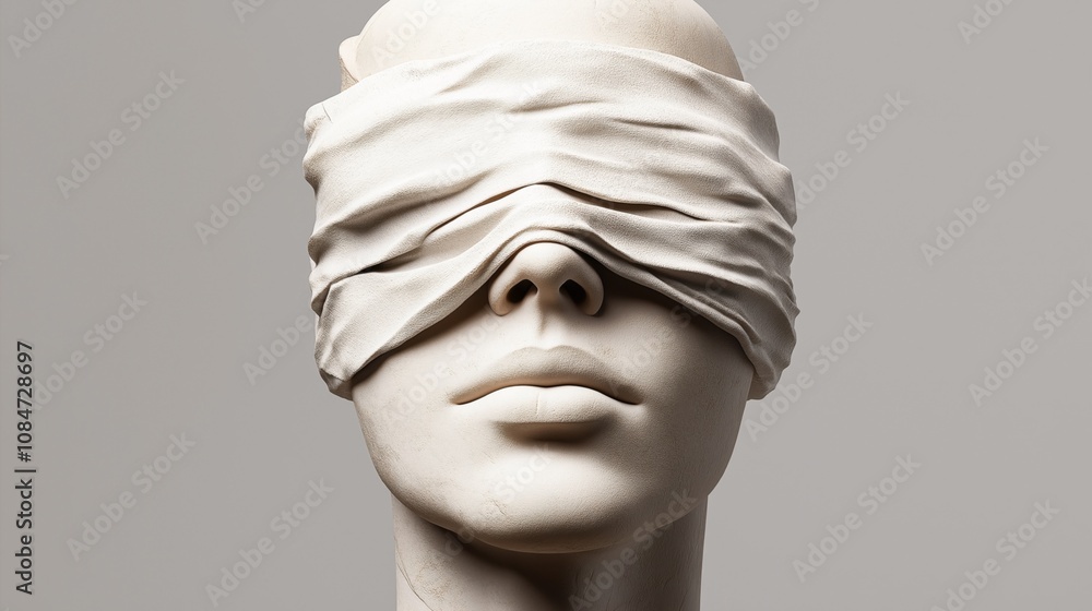 Close-up of a sculpture-like head with a smooth texture and a cloth covering the eyes, resembling a blindfold, against a neutral background. Close-up of a sculpture-like head with a smooth texture and a cloth covering the eyes, resembling a blindfold, against a neutral background.