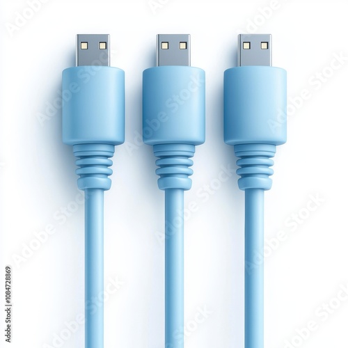 Light blue USB cables are arranged neatly, showcasing their connectors and flexible design, Perfect for technology-related content, e-commerce, or DIY projects focusing on connectivity,