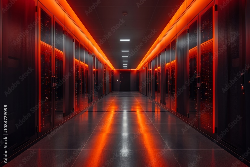 In a cutting-edge data center, rows of servers are illuminated by striking orange lights, creating an intense atmosphere in the hallway. In a cutting-edge data center, rows of servers are illuminated by striking orange lights, creating an intense atmosphere in the hallway.