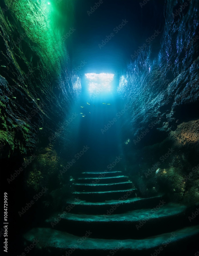 Mysterious underwater stairs lead to a bright opening, casting an ethereal glow on the ancient stone structure. Mysterious underwater stairs lead to a bright opening, casting an ethereal glow on the ancient stone structure.