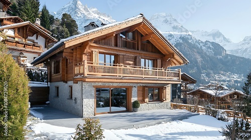 Large wooden house exterior with a chalet-style mountain cedar design. photo