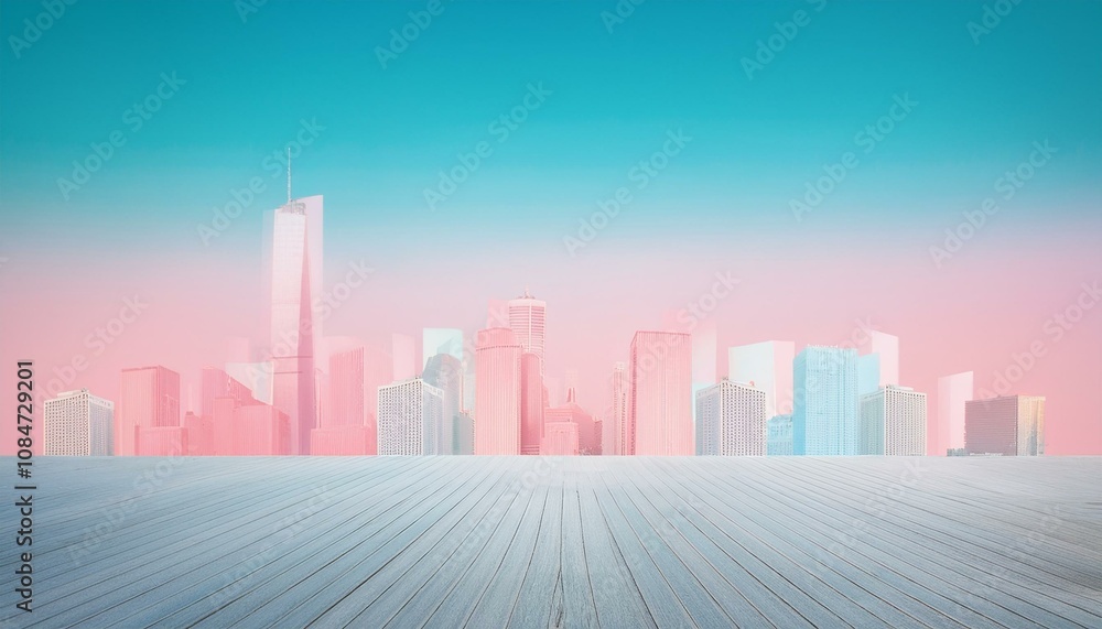 Pastel city skyline viewed from a wooden deck. Pastel city skyline viewed from a wooden deck.