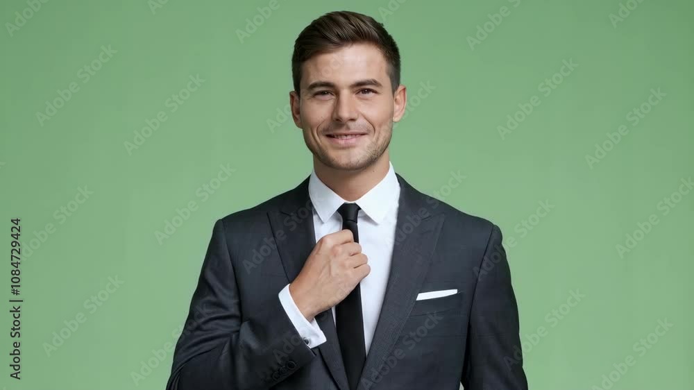 A smiling man in a suit adjusts his tie against a green background. A smiling man in a suit adjusts his tie against a green background.