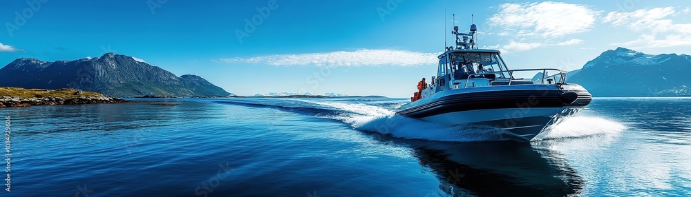 Naklejka premium Powerful speedboat navigating serene waters surrounded by majestic mountains in a stunning natural landscape