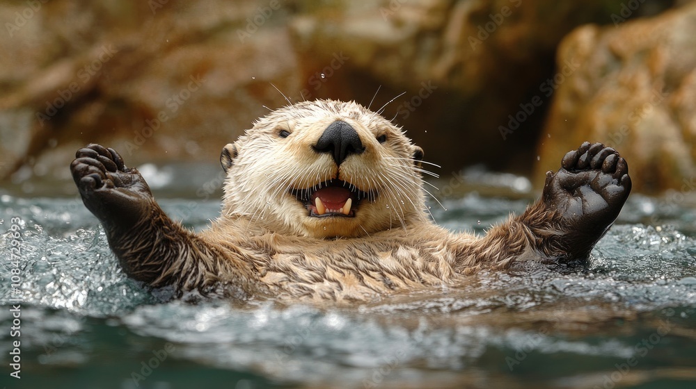 A playful sea otter floats in the water with its paws raised in the air, smiling broadly. A playful sea otter floats in the water with its paws raised in the air, smiling broadly.