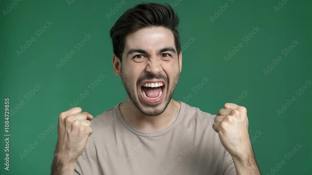 A young man expressing excitement and triumph with raised fists and a big smile. A young man expressing excitement and triumph with raised fists and a big smile.