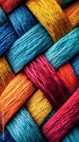 Colorful Yarn Weave Texture: Red, Blue, Orange, Yellow Threads