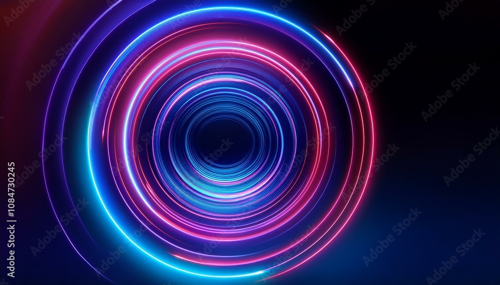 Vibrant neon circles swirl in hypnotic pattern. Pink and blue lights create an energetic, futuristic vibe. Vibrant neon circles swirl in hypnotic pattern. Pink and blue lights create an energetic, futuristic vibe.