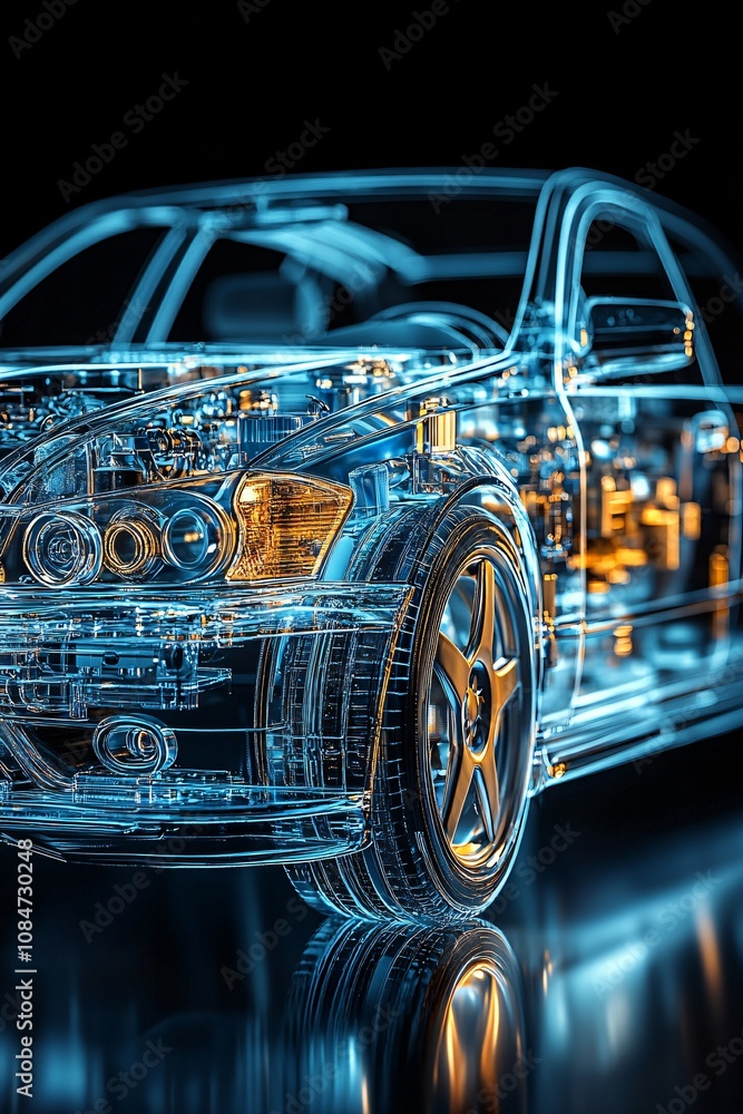 Close-up of a transparent car revealing intricate internal details and designs Close-up of a transparent car revealing intricate internal details and designs