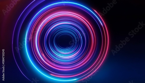 Vibrant neon circles swirl in hypnotic pattern. Pink and blue lights create an energetic, futuristic vibe.