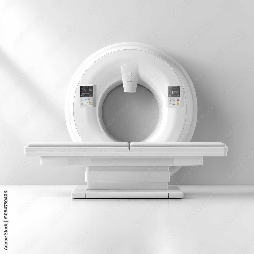 A modern CT scanner displayed on a clean white background, perfect for medical and healthcare-related content, illustrating advanced diagnostic technology for potential educational materials, A modern CT scanner displayed on a clean white background, perfect for medical and healthcare-related content, illustrating advanced diagnostic technology for potential educational materials,