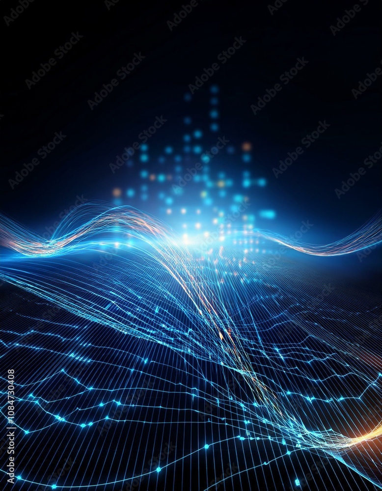 Abstract digital landscape with glowing blue waves and particles. Abstract digital landscape with glowing blue waves and particles.