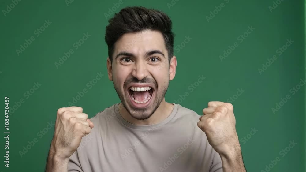 A young man expressing excitement and enthusiasm with raised fists and a wide smile. A young man expressing excitement and enthusiasm with raised fists and a wide smile.