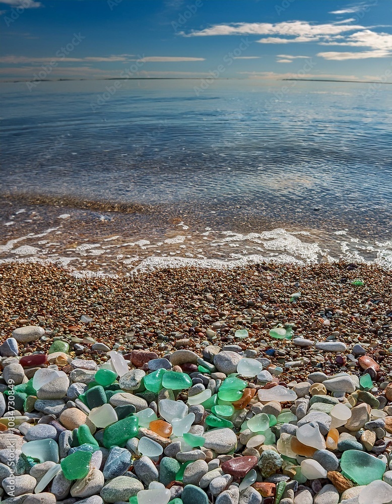 Sea Glass Beach: Smooth, colorful sea glass scattered along a tranquil shore. Sea Glass Beach: Smooth, colorful sea glass scattered along a tranquil shore.