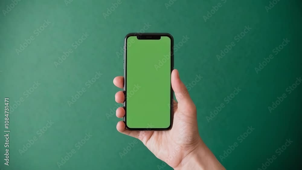 A hand holding a smartphone with a blank green screen against a solid background. A hand holding a smartphone with a blank green screen against a solid background.