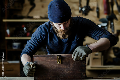 an artisan in black beanie and protective gloves applying finish to wooden box