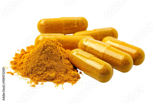 Turmeric powder and turmeric capsules isolated on a white background