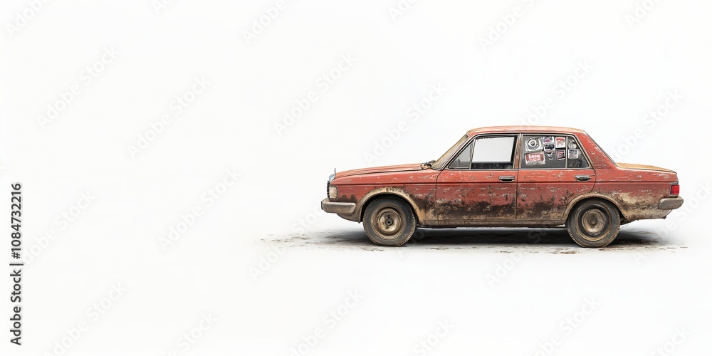 Fototapeta premium Old red car parked on a white background with copy space during daylight hours