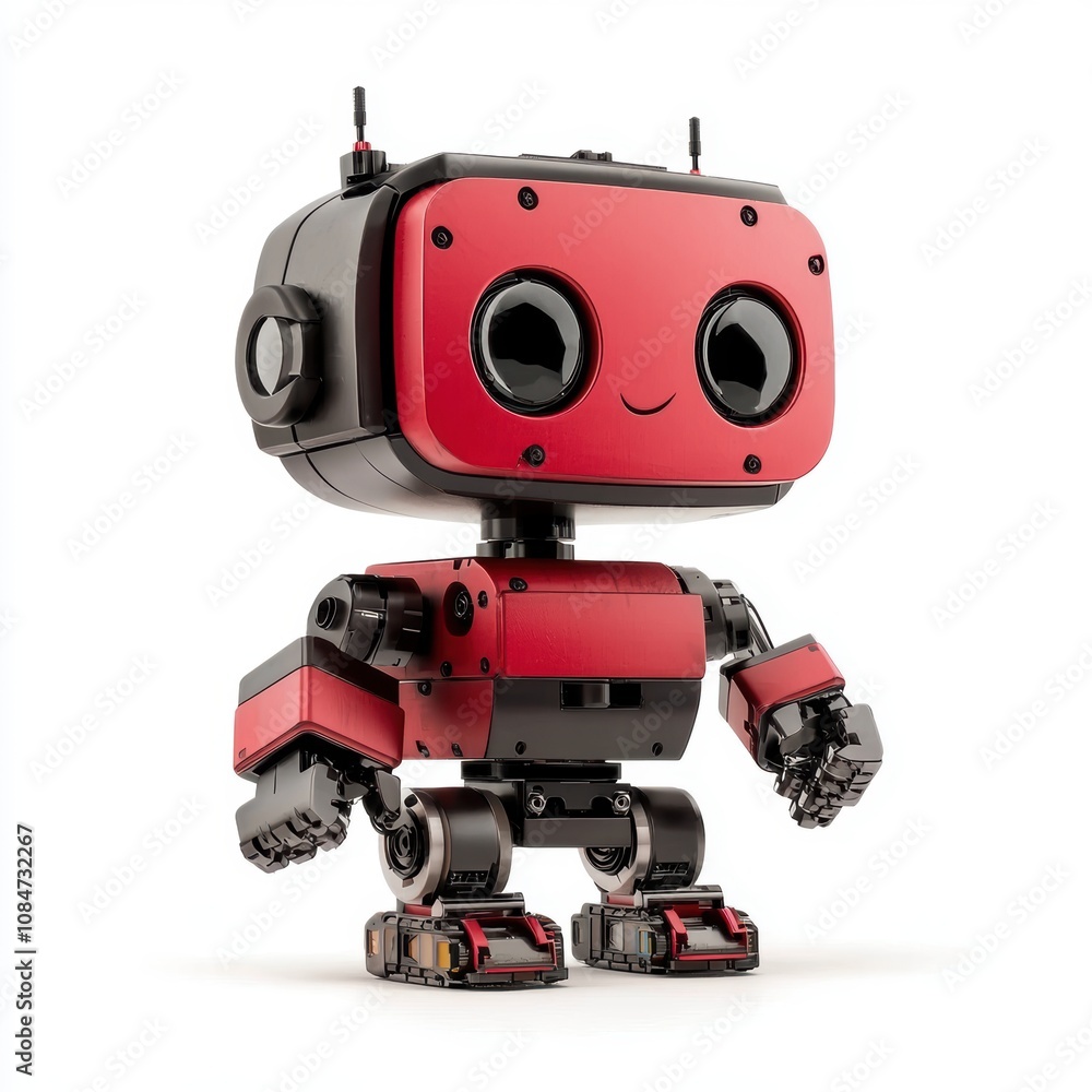 A friendly, cartoonish robot with red and black features stands ready to engage, This image is perfect for technology, education, or kids' products