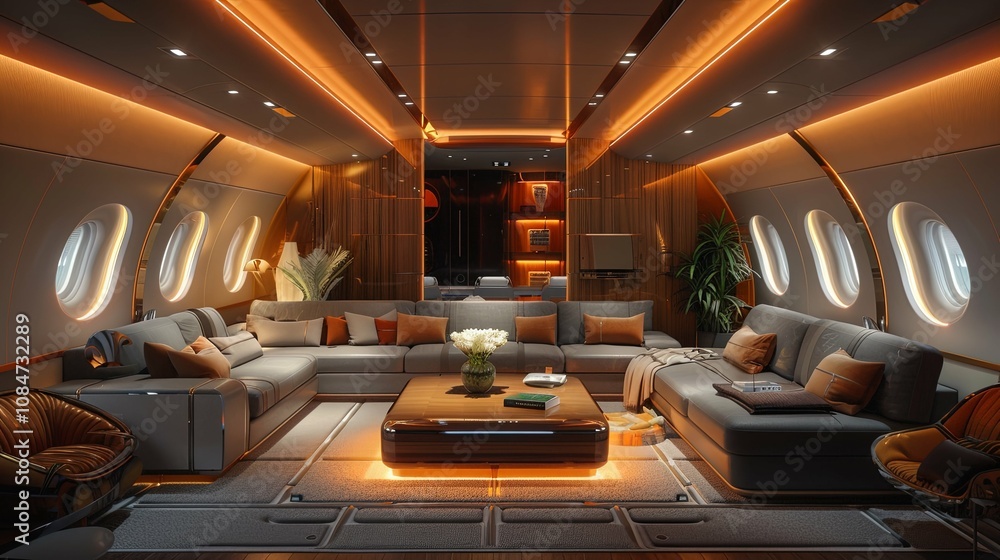 Luxurious Private Jet Lounge with Modern Seating and Warm Lighting Luxurious Private Jet Lounge with Modern Seating and Warm Lighting