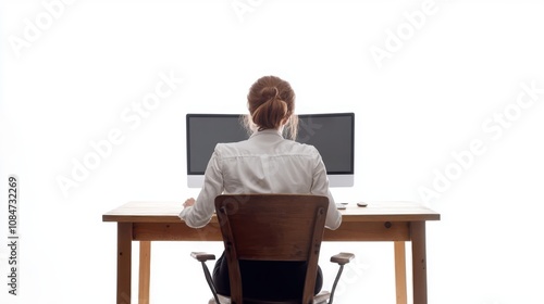 businesswomen working a labtop at wooden desk on the white background 