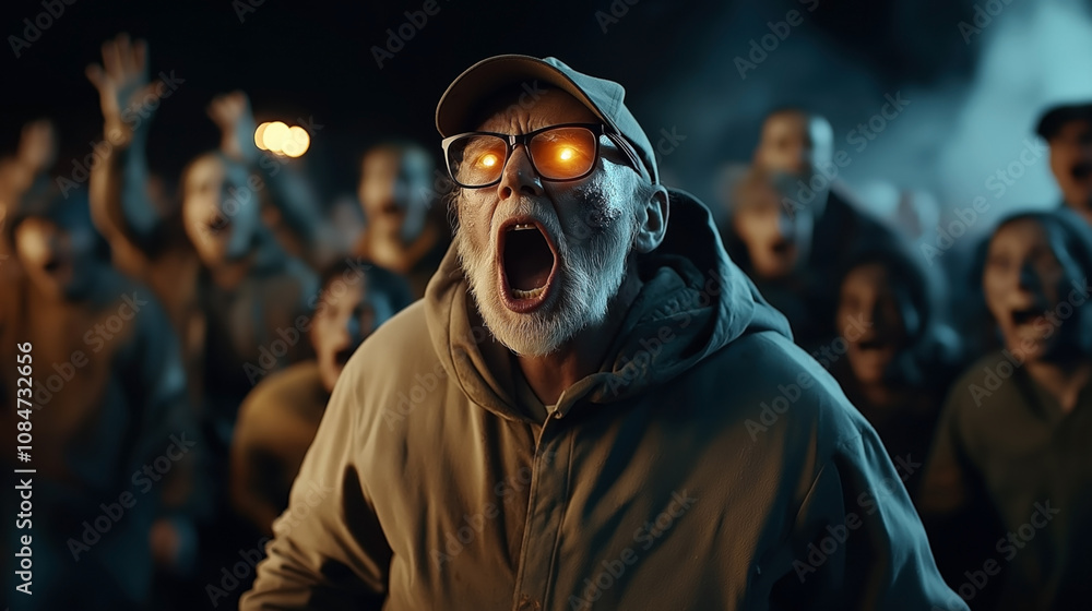 Elderly man with glowing eyes and open mouth in a crowd at night, wearing glasses and a hat, expressing distress or urgency Elderly man with glowing eyes and open mouth in a crowd at night, wearing glasses and a hat, expressing distress or urgency
