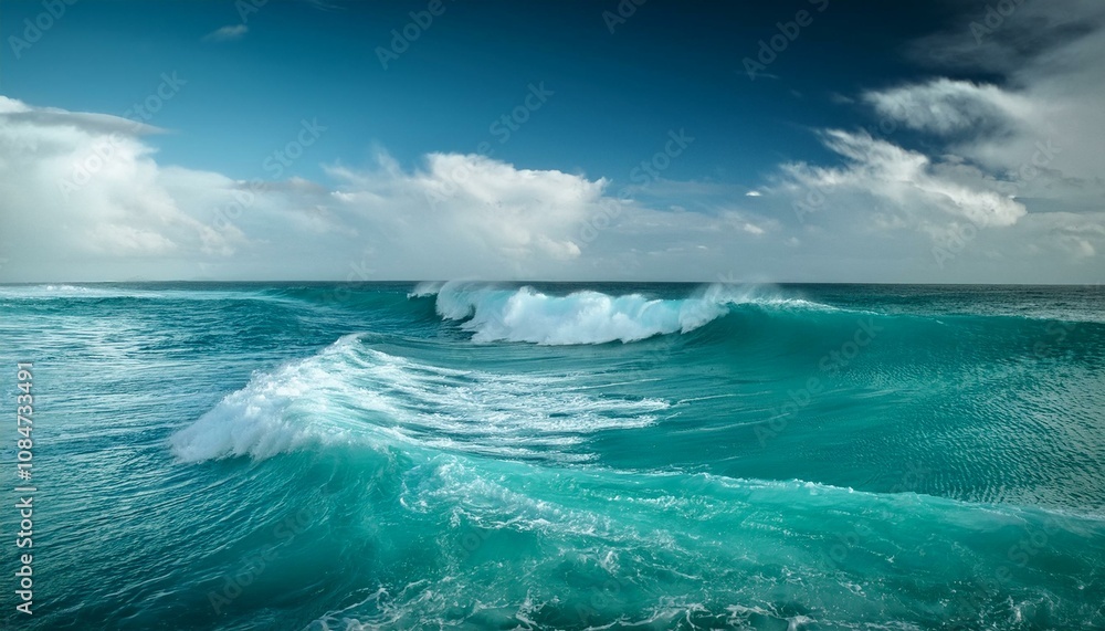 Majestic ocean waves crash against each other under a partly cloudy sky. The turquoise water shimmers under the sunlight, creating a serene yet powerful scene. Majestic ocean waves crash against each other under a partly cloudy sky. The turquoise water shimmers under the sunlight, creating a serene yet powerful scene.