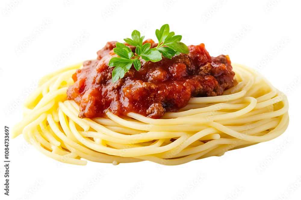 Spaghetti pasta with tomato beef sauce isolated on a white background Spaghetti pasta with tomato beef sauce isolated on a white background