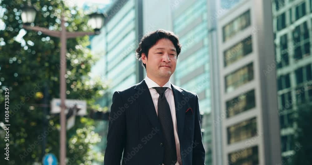 Business man, morning and walking in city for commute, positive attitude or work with thinking. Employee, lawyer and ambition in urban Japan for corporate travel, professional or career with building Business man, morning and walking in city for commute, positive attitude or work with thinking. Employee, lawyer and ambition in urban Japan for corporate travel, professional or career with building