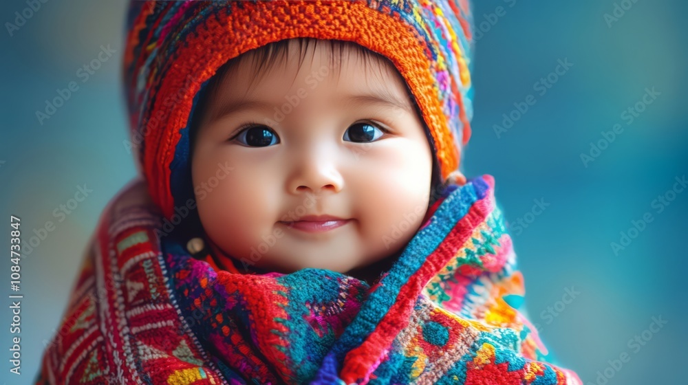 Close-up portrait of a smiling Asian baby girl wearing a colorful knitted hat and scarf. Close-up portrait of a smiling Asian baby girl wearing a colorful knitted hat and scarf.