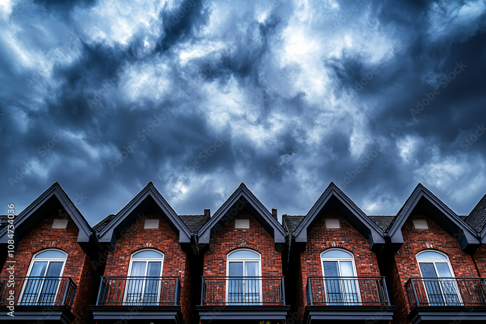 four townhouses in earth tones against cerulean sky four townhouses in earth tones against cerulean sky