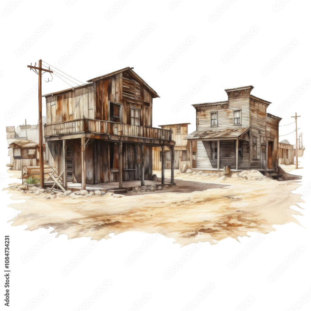 Rustic Western Town: Two Aged Wooden Buildings in a Desolate Desert Setting Rustic Western Town: Two Aged Wooden Buildings in a Desolate Desert Setting
