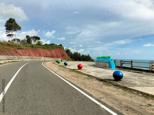 Asphalt road view on green mountain, beautiful natural blue sky background