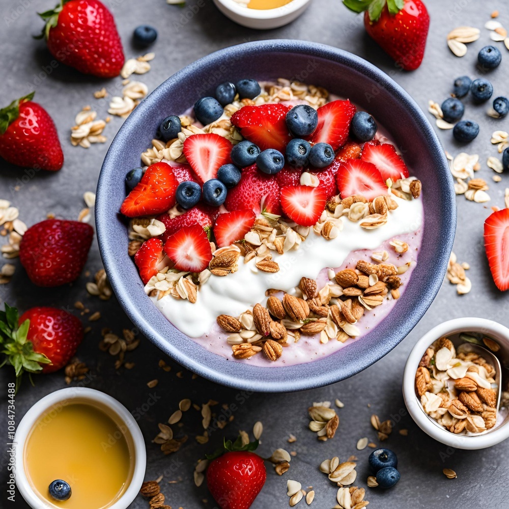 free smoothie bowl with coconut yogurt, fresh strawberries, and granola. Highlight the clean, vibrant presentation and the health benefits of dairy-free option free smoothie bowl with coconut yogurt, fresh strawberries, and granola. Highlight the clean, vibrant presentation and the health benefits of dairy-free option
