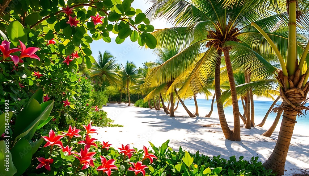 Fototapeta premium Vibrant tropical foliage overflows with lush greenery across a pristine white sandy beach, with exotic flowers and palm trees swaying gently in the warm breeze
