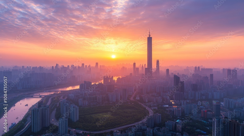 A panoramic view of a city skyline with a tall skyscraper at sunrise. The sun is rising behind the city, casting a warm glow on the buildings. A panoramic view of a city skyline with a tall skyscraper at sunrise. The sun is rising behind the city, casting a warm glow on the buildings.