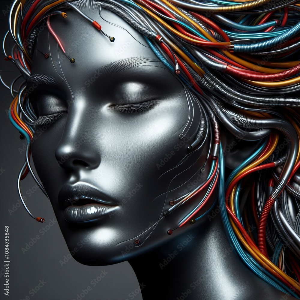Women of the future concept art. Metallic face, cable hair and surreal woman portrait Women of the future concept art. Metallic face, cable hair and surreal woman portrait