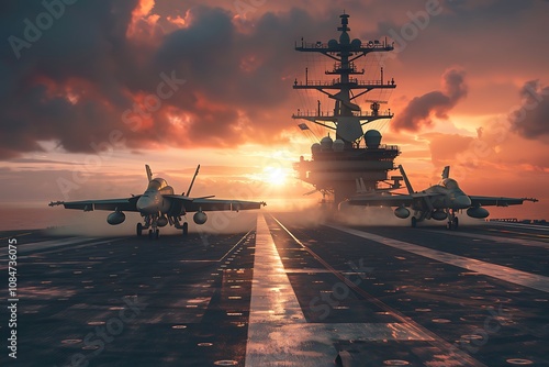 Military aircraft carrier ship with fighter jets on the background of sunset