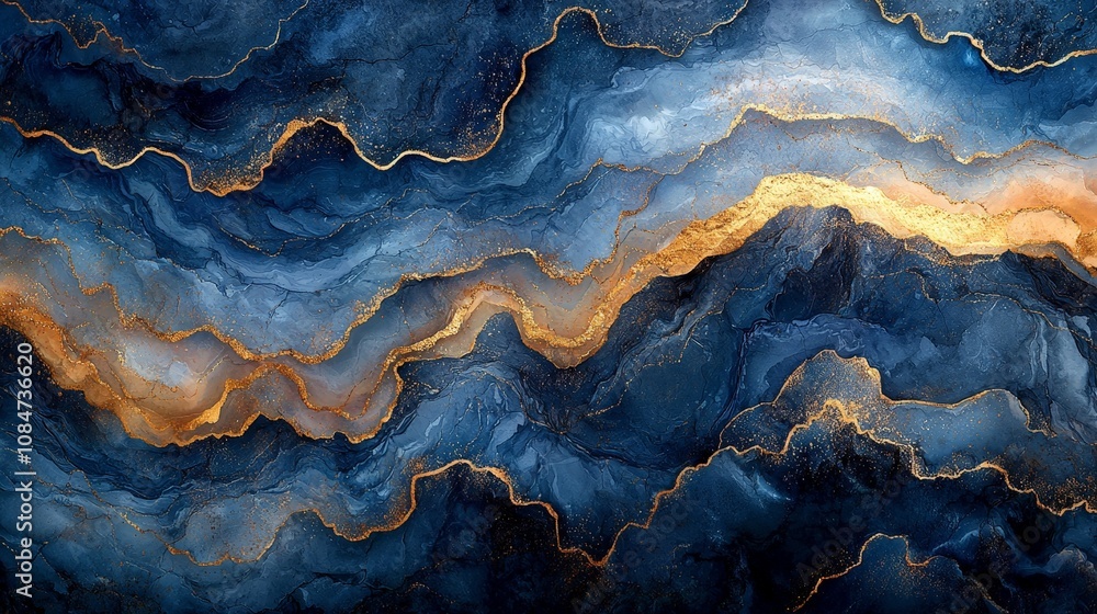 Abstract blue and gold wave pattern resembling marble or natural stone. Abstract blue and gold wave pattern resembling marble or natural stone.