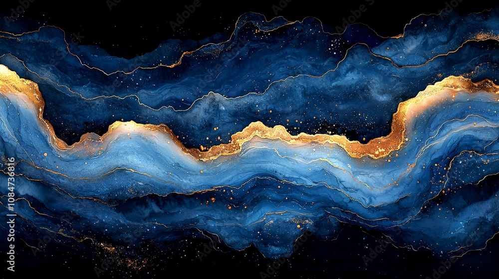 Abstract blue and gold wave pattern with fluid art design. Abstract blue and gold wave pattern with fluid art design.