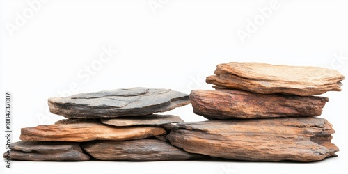 A stack of variously colored rocks is displayed against a white background, perfect for nature-themed projects, geology discussions, or educational materials, Use it to illustrate natural formations, photo