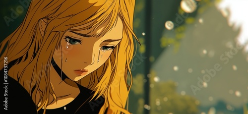 Sad girl with tears, emotional expression, golden hair, soft lighting, nature background, introspective mood